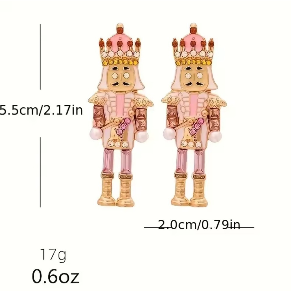 Pink Nutcracker Earrings – Holiday Statement Jewelry with Crystals & Pearls - Picture 4 of 8